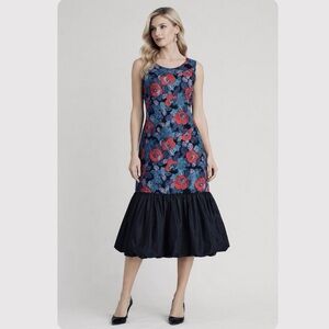 Vintage 80s Dress Velvet & Taffeta Floral Bubble Hem, size 6